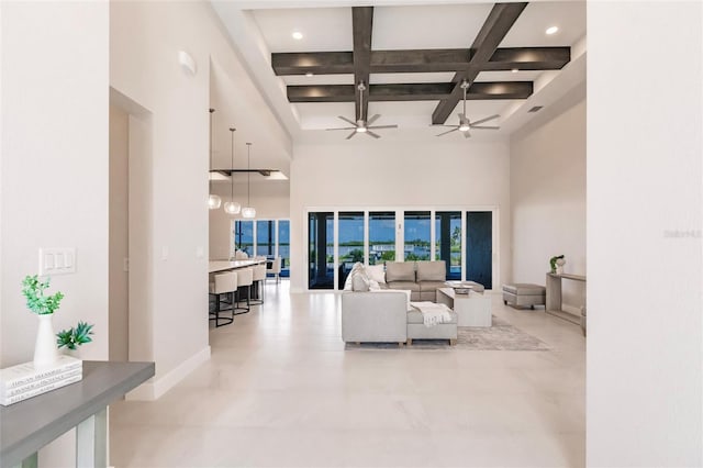 5061 Collingswood Blvd, Port Charlotte, FL 33948 - living room with a towering ceiling, coffered ceiling, a ceiling fan, beam ceiling, and recessed lighting