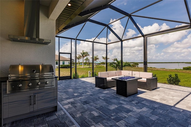 5061 Collingswood Blvd, Port Charlotte, FL 33948 - view of patio featuring an outdoor living space, a grill, a water view, and glass enclosure