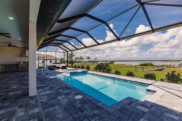 5061 Collingswood Blvd, Port Charlotte, FL 33948 - view of swimming pool featuring a water view, a patio, a pool with connected hot tub, ceiling fan, and a lanai