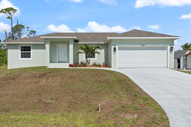 5353 Kaspar St, Port Charlotte, FL 33981 - ranch-style house with a garage, stucco siding, concrete driveway, a front yard, and roof with shingles