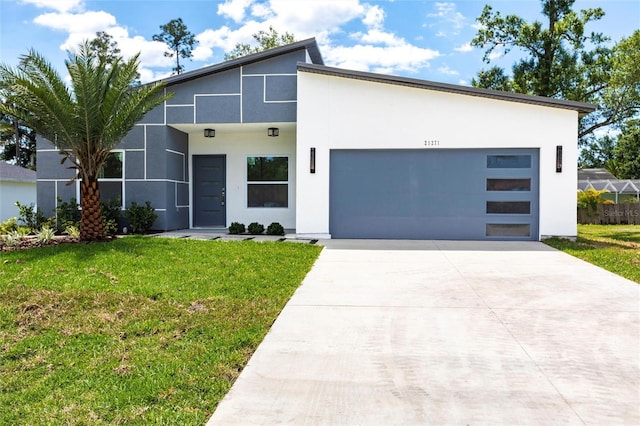 14350 Marlin Ave, Port Charlotte, FL 33953 - contemporary house featuring driveway, a front yard, a garage, and stucco siding