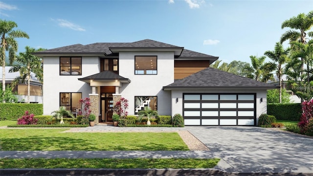 12299 Albrecht Ter, Port Charlotte, FL 33981 - view of front of property with stucco siding, an attached garage, a front lawn, and decorative driveway