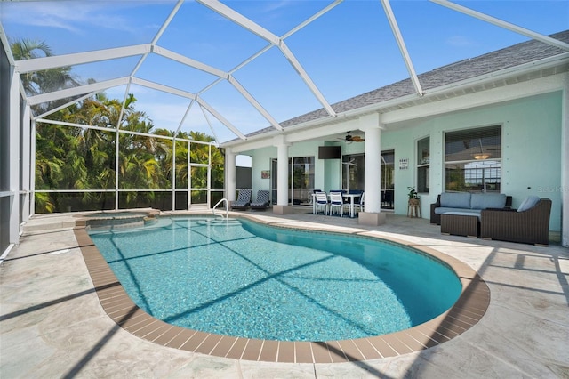 3219 SW 7th Ln, Cape Coral, FL 33991 - view of swimming pool with a patio area, ceiling fan, an outdoor living space, and a lanai