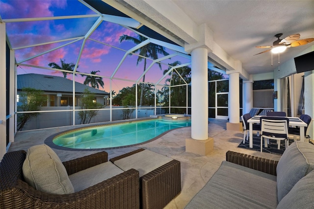 3219 SW 7th Ln, Cape Coral, FL 33991 - view of pool featuring a patio, ceiling fan, a pool with connected hot tub, and a lanai