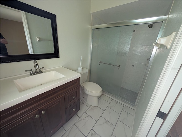4205 Simkins Ave, North Port, FL 34286 - bathroom with a stall shower, vanity, marble look tiles, and toilet