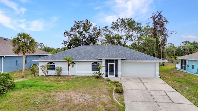 1210 Mccrory St, North Port, FL 34286 - single story home with driveway, a garage, a front lawn, roof with shingles, and stucco siding