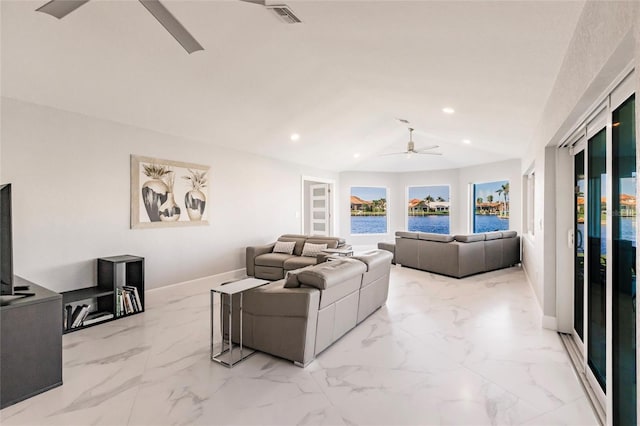 261 Venezia Ct, Punta Gorda, FL 33950 - living room with a ceiling fan, a water view, baseboards, marble finish floors, and recessed lighting