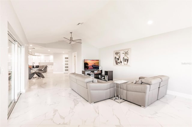 261 Venezia Ct, Punta Gorda, FL 33950 - living area featuring a ceiling fan, light marble finish floors, lofted ceiling, baseboards, and recessed lighting