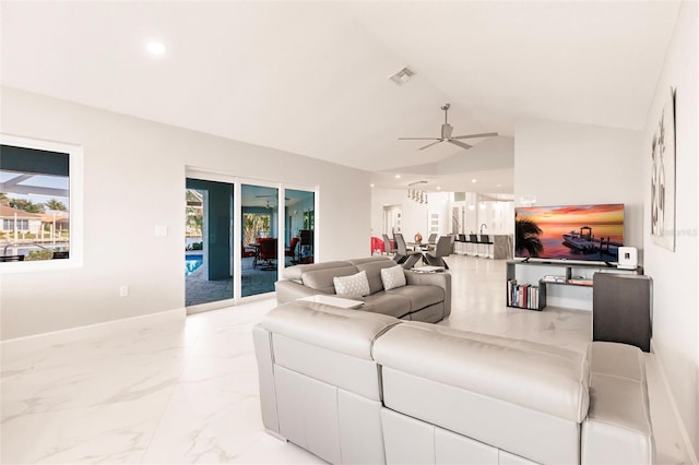 261 Venezia Ct, Punta Gorda, FL 33950 - living room with ceiling fan, light marble finish floors, vaulted ceiling, baseboards, and recessed lighting