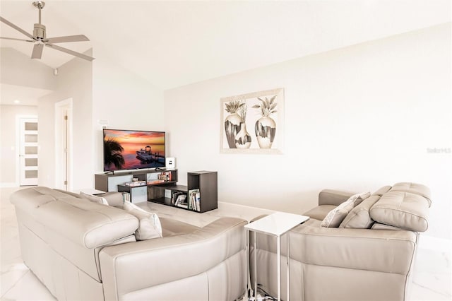 261 Venezia Ct, Punta Gorda, FL 33950 - living room with marble finish flooring, a ceiling fan, vaulted ceiling, and baseboards