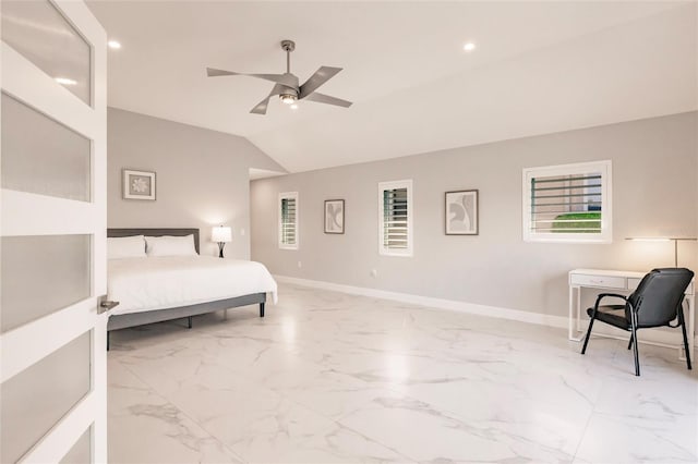 261 Venezia Ct, Punta Gorda, FL 33950 - bedroom featuring light marble finish flooring, baseboards, vaulted ceiling, a ceiling fan, and recessed lighting