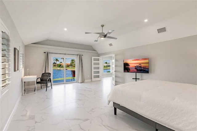 261 Venezia Ct, Punta Gorda, FL 33950 - bedroom with vaulted ceiling, access to outside, baseboards, recessed lighting, and marble finish flooring