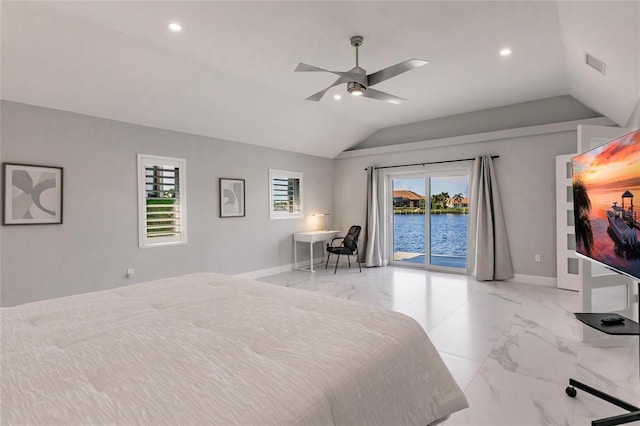 261 Venezia Ct, Punta Gorda, FL 33950 - bedroom featuring access to exterior, lofted ceiling, light marble finish floors, recessed lighting, and baseboards