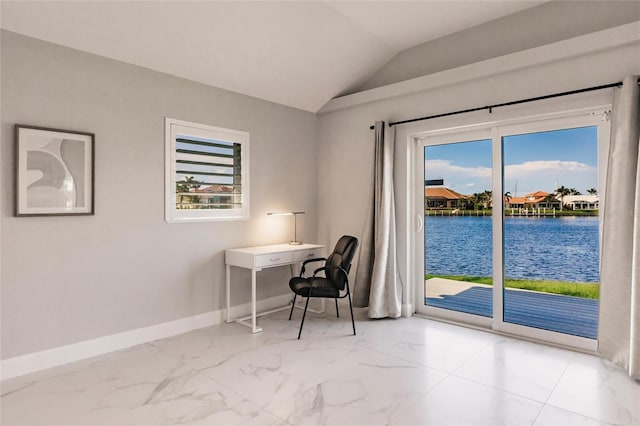 261 Venezia Ct, Punta Gorda, FL 33950 - home office with healthy amount of natural light, baseboards, vaulted ceiling, marble finish flooring, and a water view