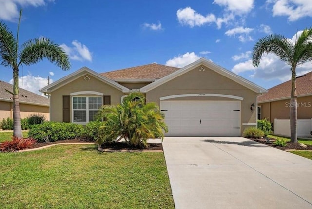 25008 Lalique Pl, Punta Gorda, FL 33950 - ranch-style house featuring stucco siding, an attached garage, a front lawn, and driveway