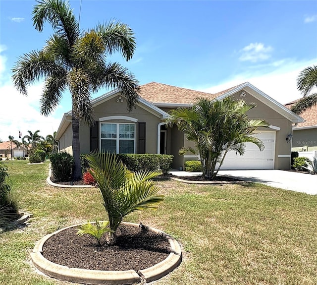 25008 Lalique Pl, Punta Gorda, FL 33950 - view of front of property with stucco siding, concrete driveway, a front yard, and a garage