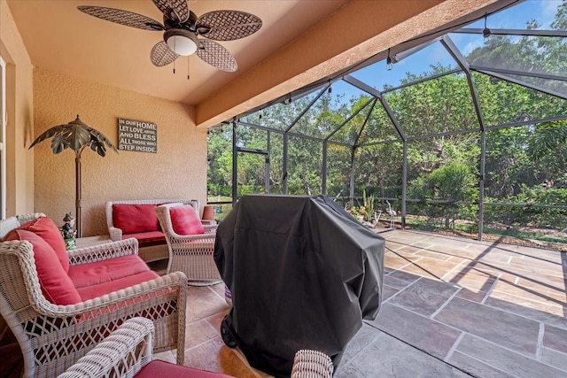 7652 Mikasa Dr, Punta Gorda, FL 33950 - view of patio with an outdoor hangout area, area for grilling, a lanai, and a ceiling fan