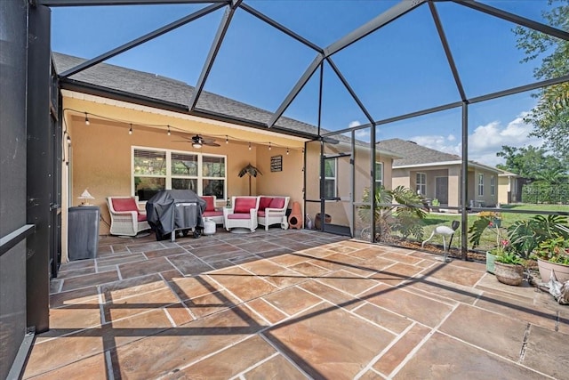 7652 Mikasa Dr, Punta Gorda, FL 33950 - view of patio / terrace with outdoor lounge area, a ceiling fan, a grill, and a lanai