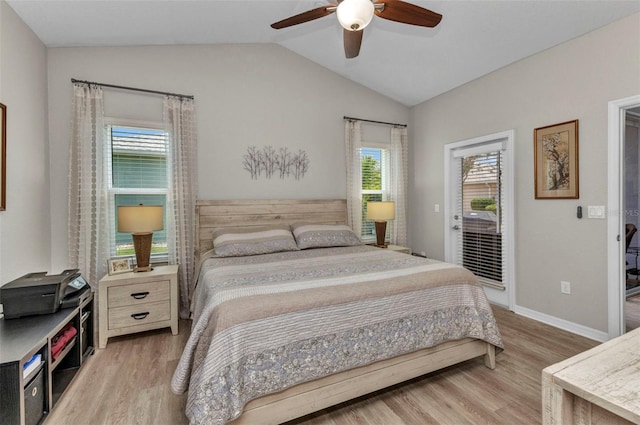 24358 Folkstone Ave, Punta Gorda, FL 33980 - bedroom with light wood-type flooring, access to exterior, lofted ceiling, a ceiling fan, and baseboards