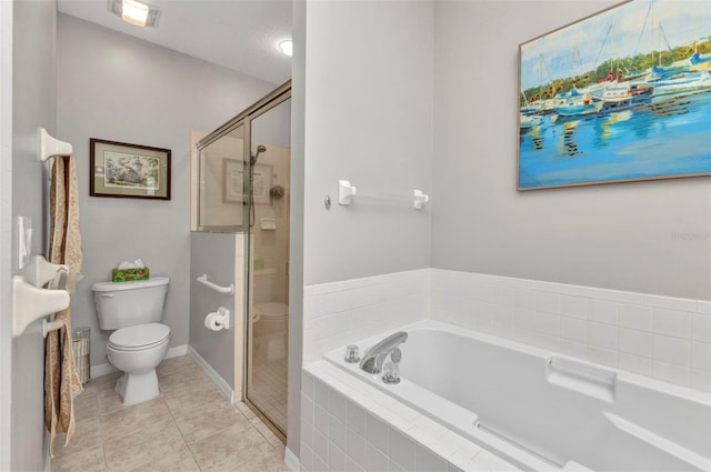 24358 Folkstone Ave, Punta Gorda, FL 33980 - bathroom featuring toilet, a garden tub, a stall shower, tile patterned flooring, and baseboards