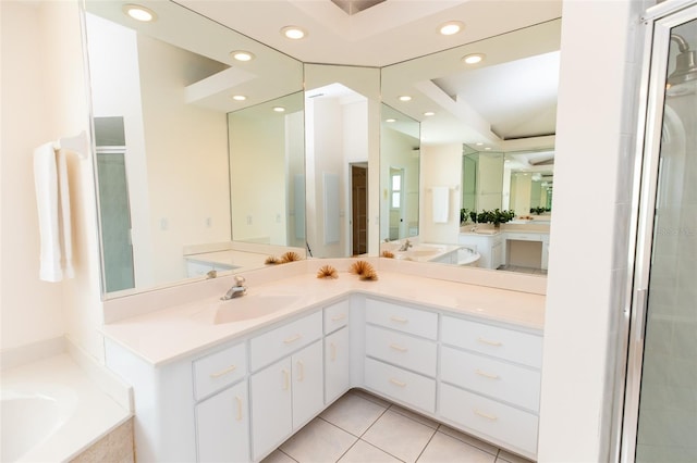 3506 Saint Florent Ct, Punta Gorda, FL 33950 - bathroom featuring recessed lighting, a bath, vanity, tile patterned floors, and a shower with shower door