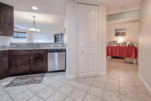 2001 Bal Harbor Blvd Unit 2306, Punta Gorda, FL 33950 - kitchen featuring dishwasher, dark brown cabinets, light tile patterned floors, light stone countertops, and recessed lighting