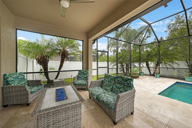 2515 Sherman Oak Dr, North Port, FL 34289 - sunroom / solarium with an outdoor hangout area, a ceiling fan, and lofted ceiling