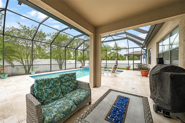 2515 Sherman Oak Dr, North Port, FL 34289 - fenced backyard with a grill, a patio area, and a lanai