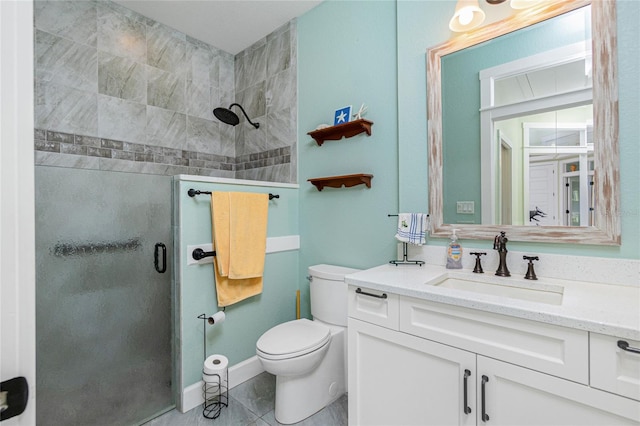 13204 Kakapo Ave, Port Charlotte, FL 33981 - bathroom with a stall shower, toilet, vanity, tile patterned floors, and baseboards