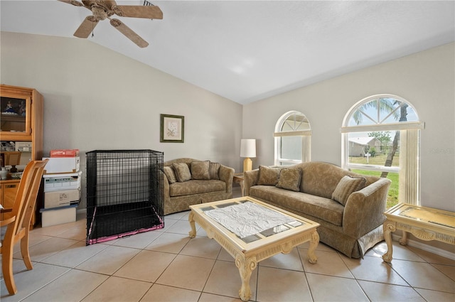 891 Bayard St, Port Charlotte, FL 33948 - living area with vaulted ceiling, ceiling fan, and light tile patterned floors