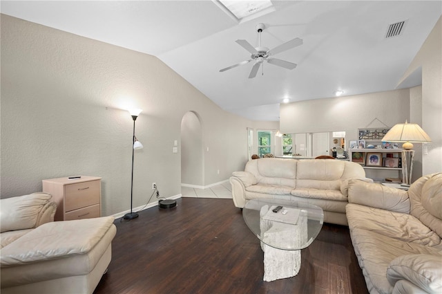 891 Bayard St, Port Charlotte, FL 33948 - living area with vaulted ceiling, wood finished floors, ceiling fan, and baseboards