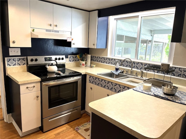 404 W Whidden St, Arcadia, FL 34266 - kitchen with stainless steel electric range, under cabinet range hood, a sink, light wood-style flooring, and light countertops