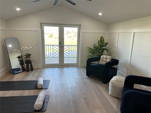 3548 Mondovi Ct, Punta Gorda, FL 33950 - interior space featuring ceiling fan, vaulted ceiling, french doors, wood finished floors, and baseboards