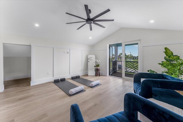 3548 Mondovi Ct, Punta Gorda, FL 33950 - exercise room featuring ceiling fan, vaulted ceiling, light wood-type flooring, and recessed lighting