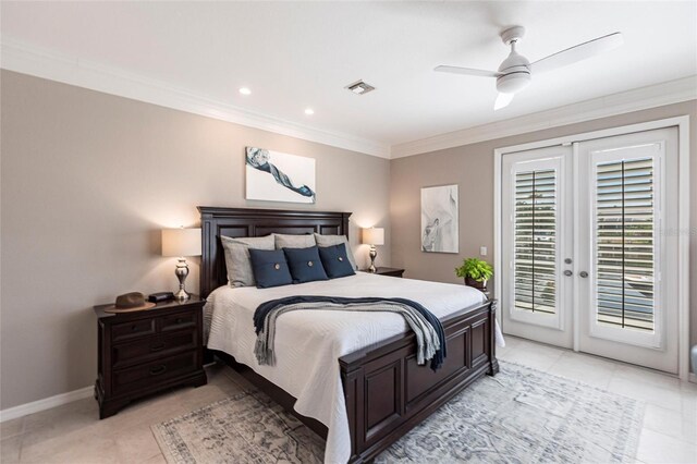 523 Saint Girons Ct, Punta Gorda, FL 33950 - bedroom featuring access to exterior, crown molding, light tile patterned flooring, baseboards, and ceiling fan