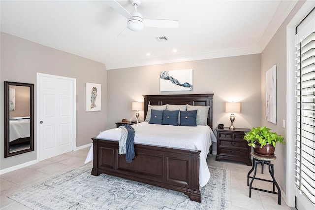 523 Saint Girons Ct, Punta Gorda, FL 33950 - bedroom with light tile patterned floors, a ceiling fan, baseboards, and crown molding