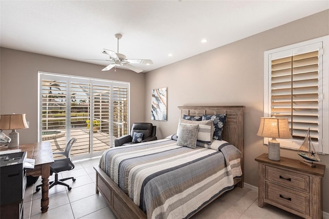 523 Saint Girons Ct, Punta Gorda, FL 33950 - bedroom with light tile patterned floors, access to outside, a desk, recessed lighting, and ceiling fan