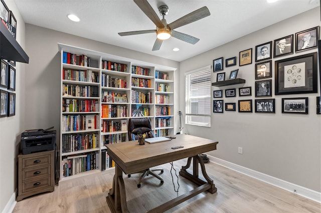 19821 Montenero Way, Venice, FL 34293 - home office featuring a ceiling fan, light wood-style floors, baseboards, and recessed lighting