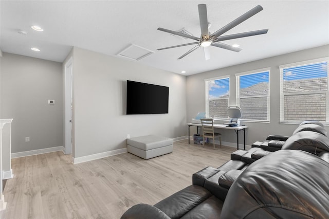 19821 Montenero Way, Venice, FL 34293 - living area with light wood-style flooring, a ceiling fan, attic access, recessed lighting, and baseboards