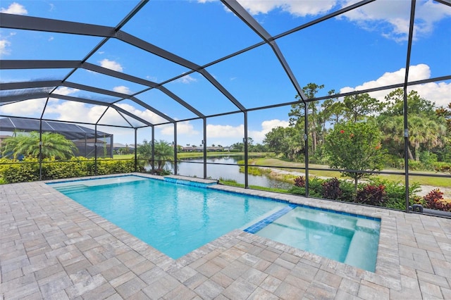 19821 Montenero Way, Venice, FL 34293 - view of swimming pool featuring a water view, a patio, and glass enclosure