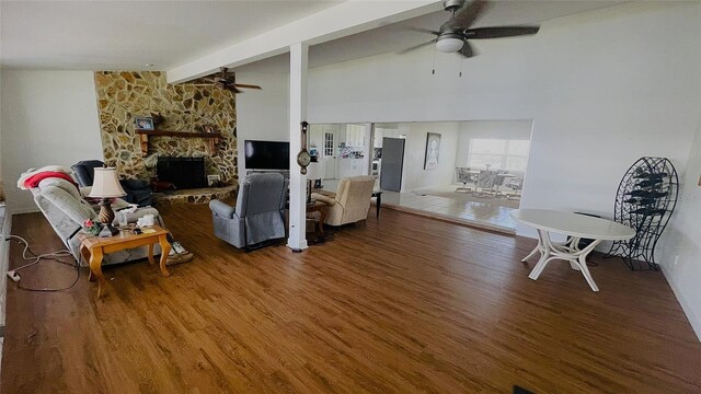 24239 Yacht Club Blvd, Punta Gorda, FL 33955 - living room featuring a ceiling fan, wood finished floors, and a fireplace
