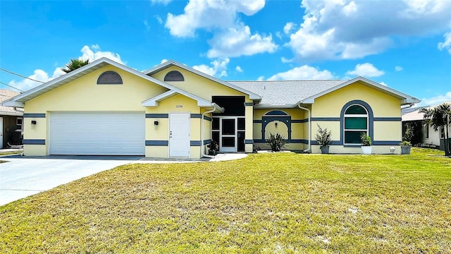 2399 Bendway Dr, Port Charlotte, FL 33948 - ranch-style house featuring stucco siding, concrete driveway, a front yard, and an attached garage