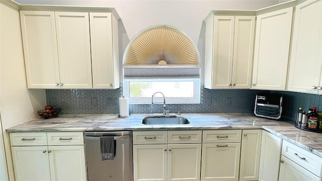 2399 Bendway Dr, Port Charlotte, FL 33948 - kitchen featuring stainless steel dishwasher, a sink, tasteful backsplash, light stone countertops, and white cabinets