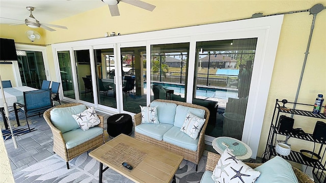 2399 Bendway Dr, Port Charlotte, FL 33948 - view of patio / terrace featuring ceiling fan, an outdoor hangout area, and an outdoor pool