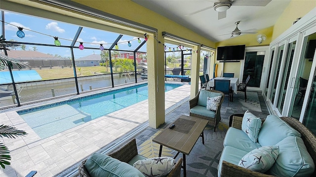 2399 Bendway Dr, Port Charlotte, FL 33948 - swimming pool featuring outdoor lounge area, a patio area, a ceiling fan, and a lanai