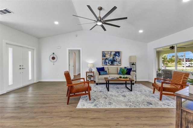 229 Waterside St, Port Charlotte, FL 33954 - living room with ceiling fan, lofted ceiling, recessed lighting, and wood finished floors