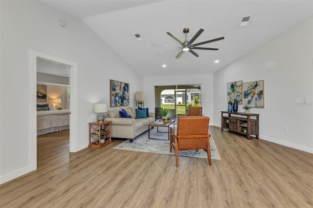 229 Waterside St, Port Charlotte, FL 33954 - living area featuring ceiling fan, light wood finished floors, high vaulted ceiling, and recessed lighting
