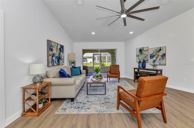 229 Waterside St, Port Charlotte, FL 33954 - living area featuring a ceiling fan, wood finished floors, recessed lighting, and high vaulted ceiling