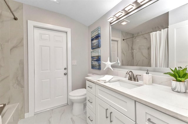 229 Waterside St, Port Charlotte, FL 33954 - bathroom featuring vanity, marble look tile flooring, shower / bath combo, and vaulted ceiling