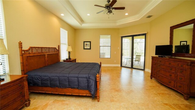 6057 Calusa Ridge Trl, Bokeelia, FL 33922 - bedroom with access to outside, a tray ceiling, recessed lighting, baseboards, and a ceiling fan